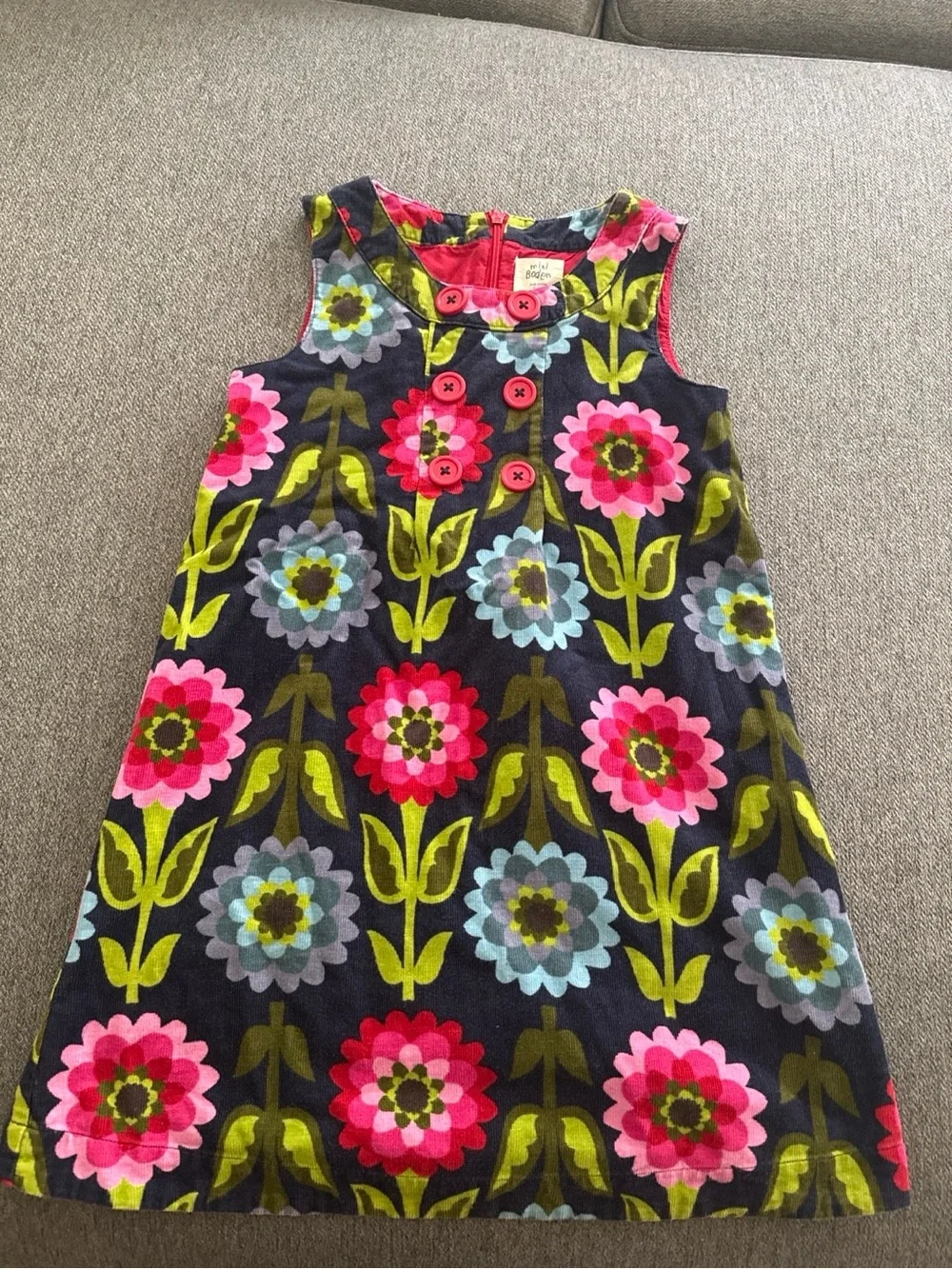 EUC Mini Boden Girls Navy Floral Corduroy Dress - Pink, Red, Blue & Green